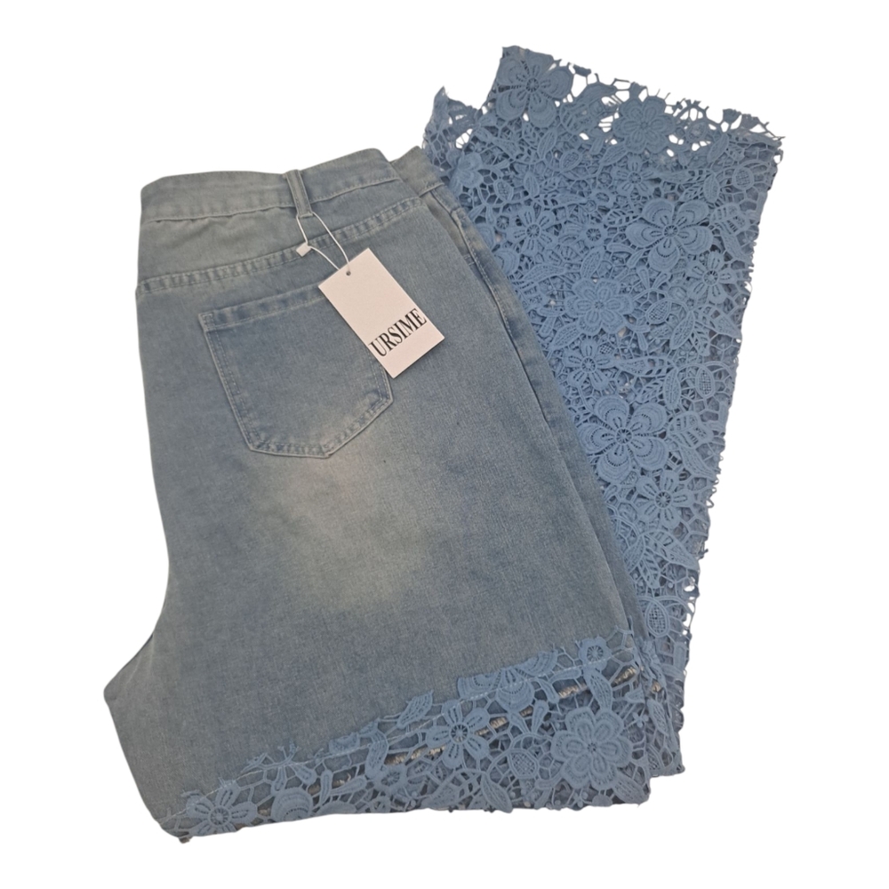 URSIME Blue Jeans Womens Plus Size 4XL Lace Cut Out Patchwork Leg Pants 🔥